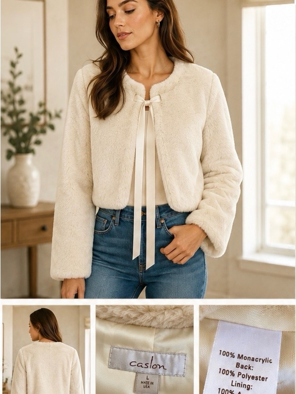 Caslon Cream Faux-Fur Tie-Neck Cropped Jacket Size L Vintage